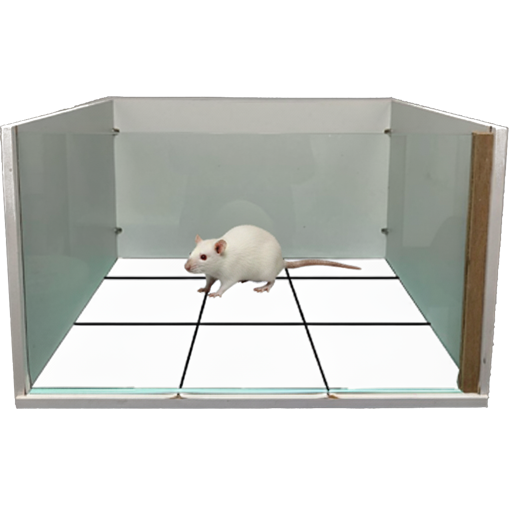 O teste de campo aberto (Open Field Test) é um ensaio comportamental amplamente utilizado em pesquisas com roedores para avaliar a atividade locomotora, o comportamento exploratório e os níveis de ansiedade em um ambiente novo. O teste consiste em colocar o animal, geralmente um rato ou camundongo, no interior de uma arena ampla, delimitada por paredes opacas e com o piso marcado em quadrantes. Durante um período determinado, normalmente de cinco a dez minutos, são registradas as movimentações e posturas do animal, utilizando observação direta ou sistemas automatizados de rastreamento por vídeo.